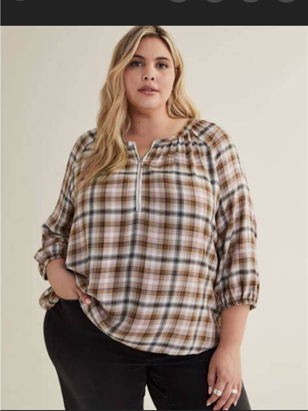Penningtons Brown Plaid Zip-Front Peasant Blouse